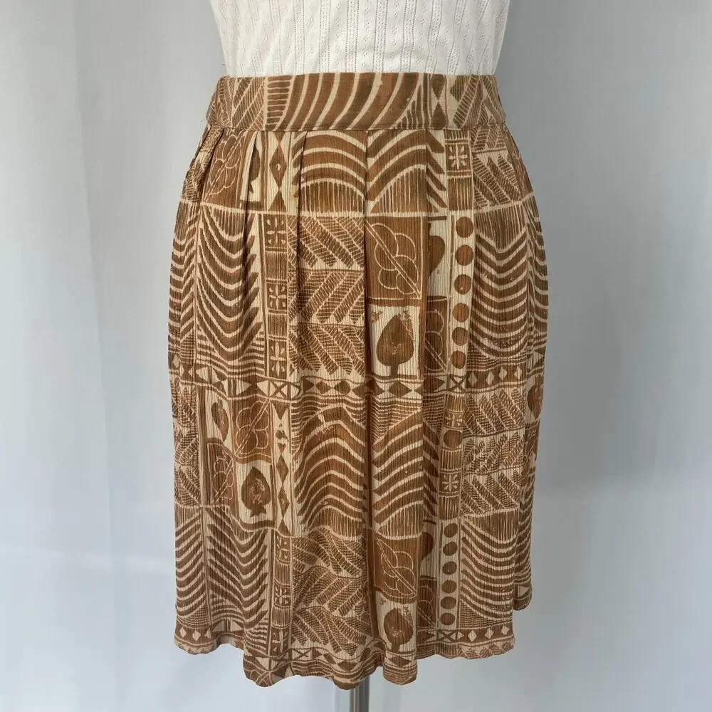 Vintage A Line Mini Skirt Small Brown Tan Tribal Boho Lagenlook Pleated Skater